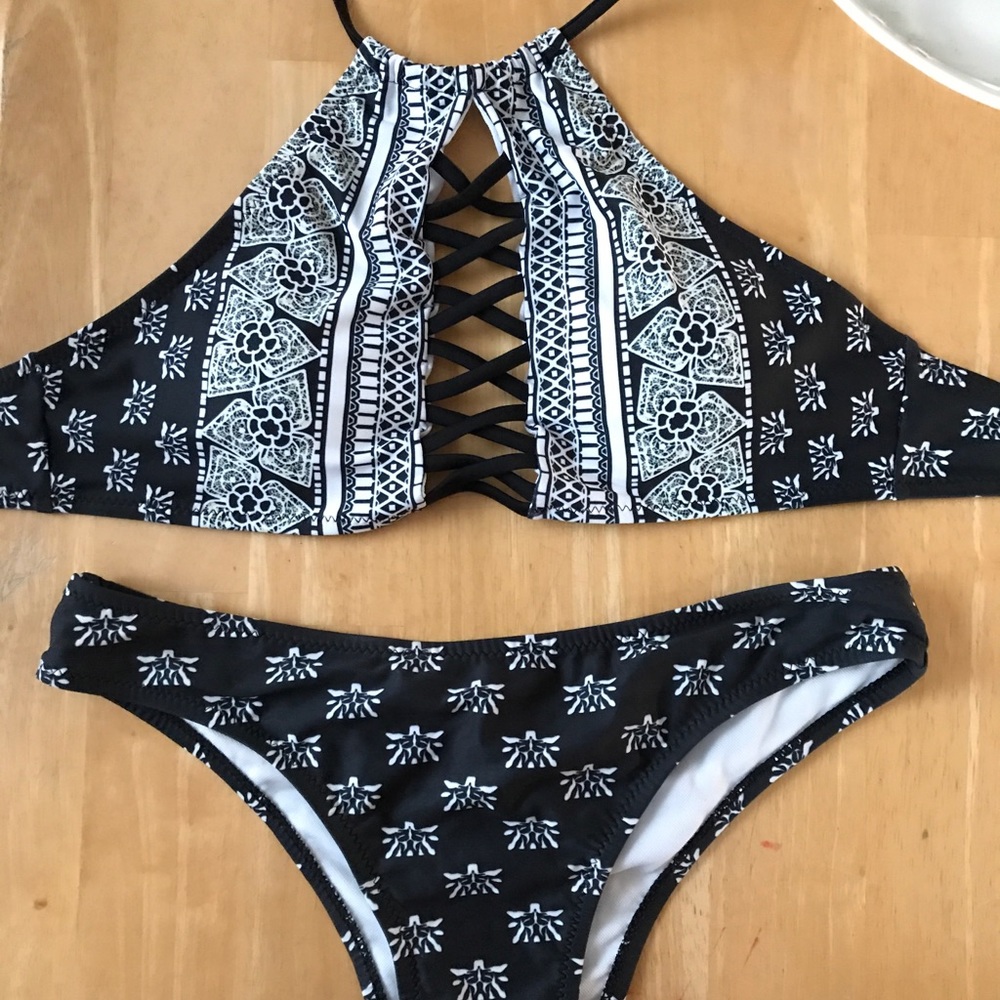 Patterned boho halter swim set